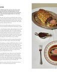 Recipe spread for beef Wellington, with a sliced Wellington on a silver platter and a plated slice with gravy