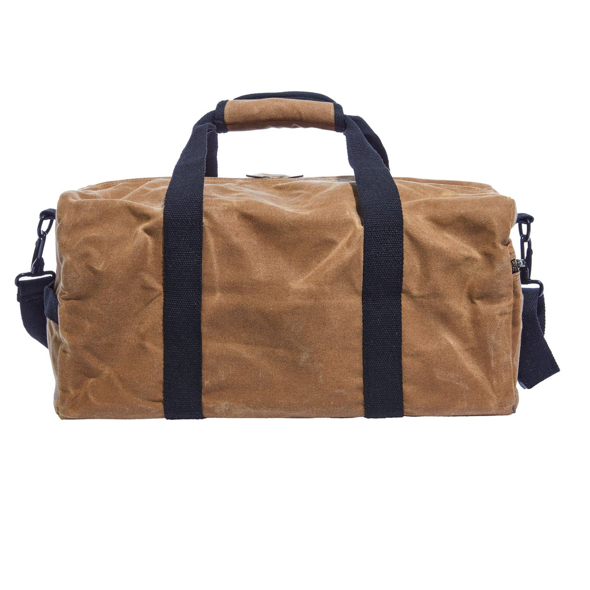 Waxed canvas duffel bag with webbing straps, padded handle and brass zipper