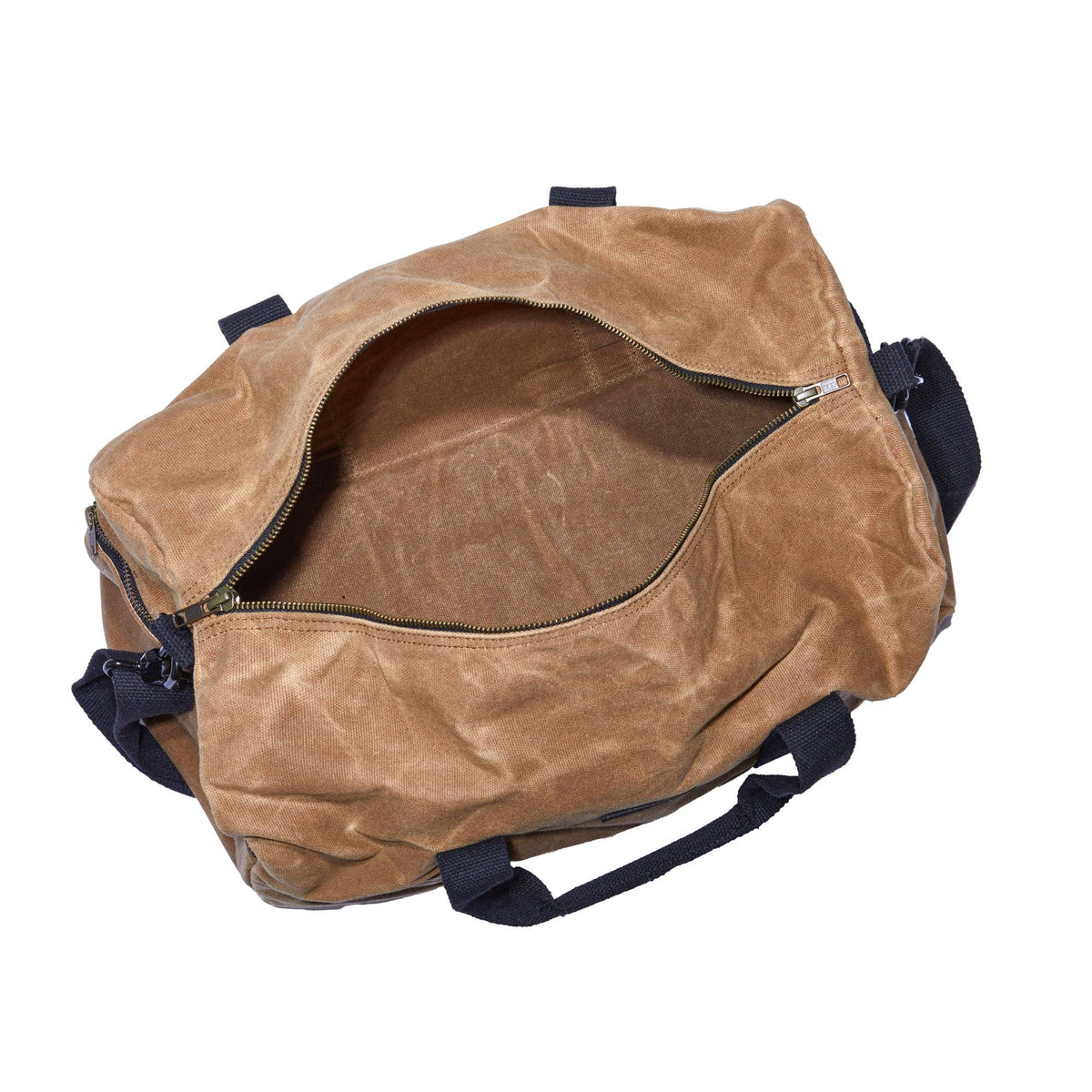 Waxed canvas duffel bag with webbing straps, padded handle and brass zipper
