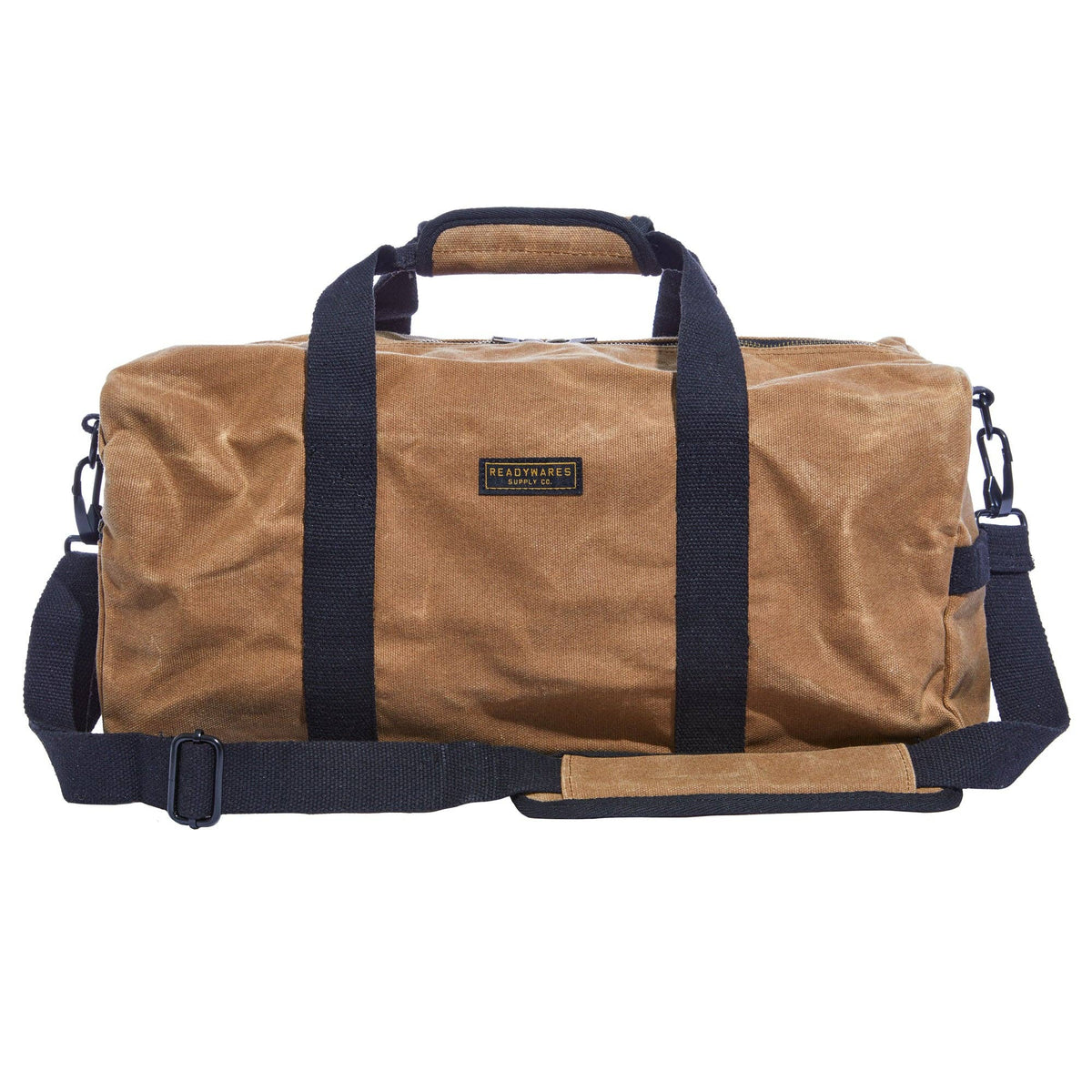 Waxed canvas duffel bag with webbing straps, padded handle and brass zipper
