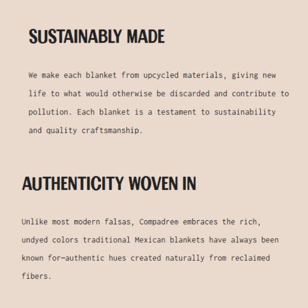 Compadre text graphic titled Sustainably Made and Authenticity Woven In