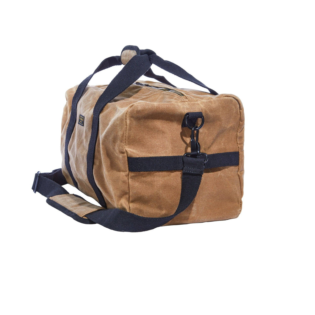 Waxed canvas duffel bag with webbing straps, padded handle and brass zipper