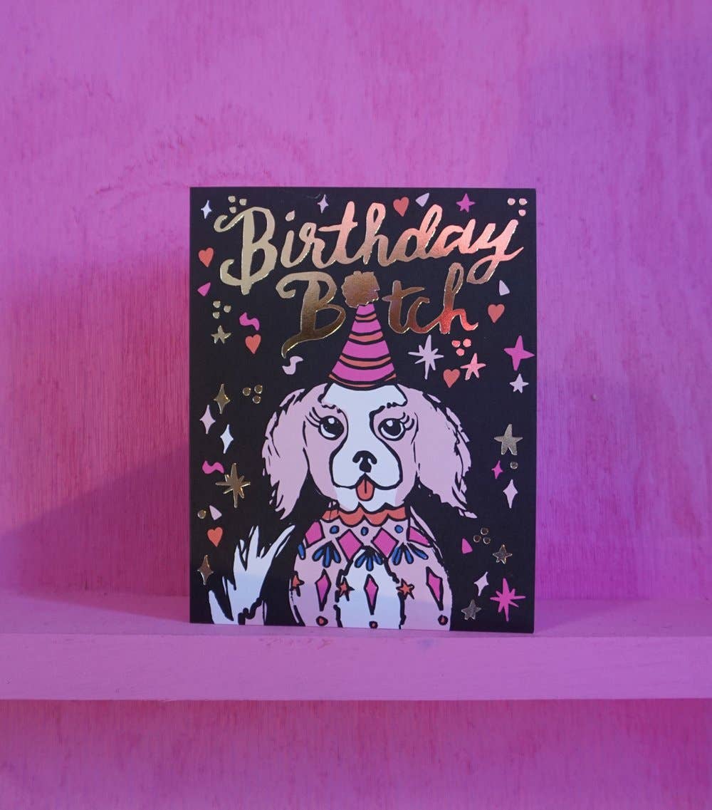 Card with a dog illustration and 'Birthday Bitch' text on a purple background