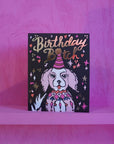 Card with a dog illustration and 'Birthday Bitch' text on a purple background