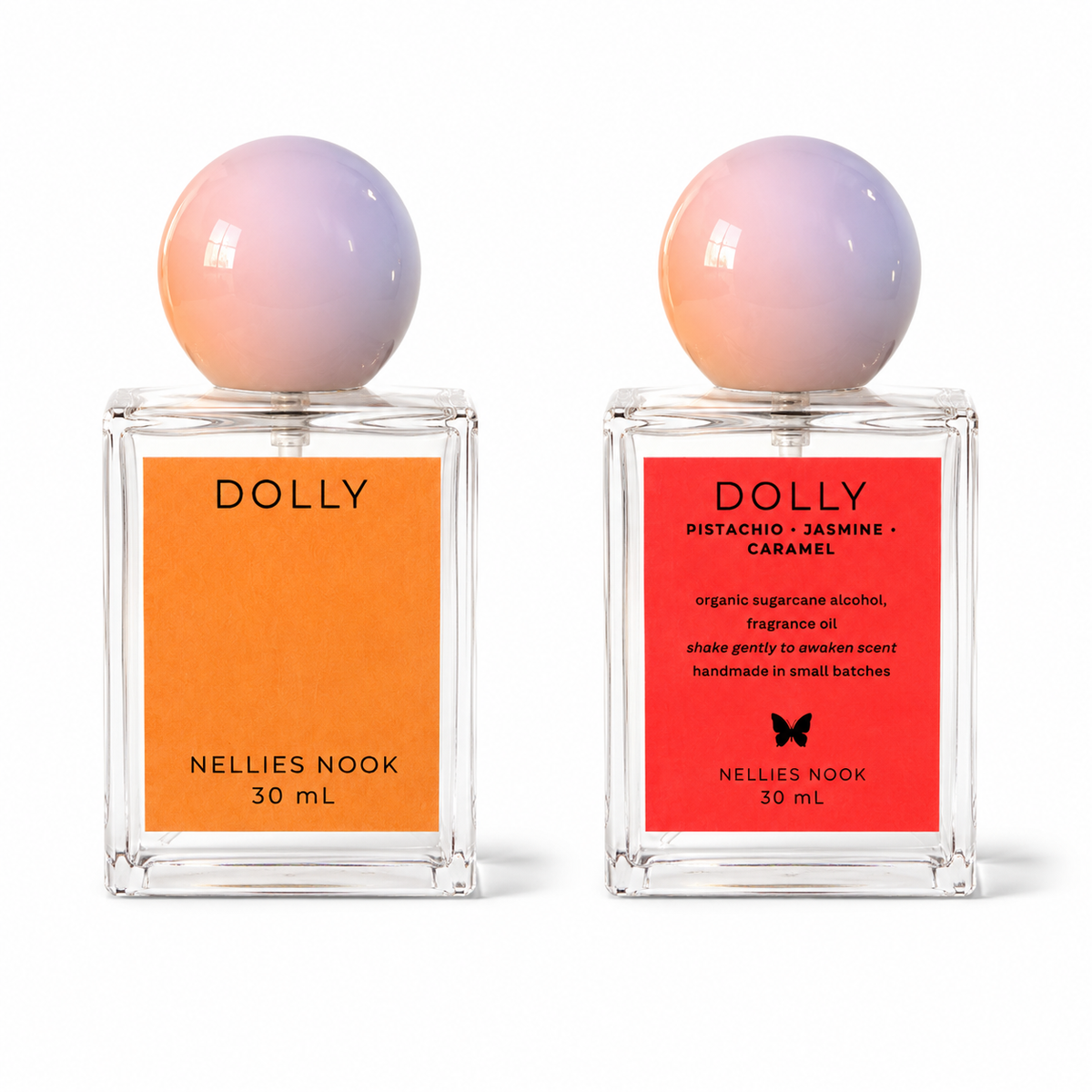 Front and back of the Dolly perfume bottle, orange front label and red back label listing pistachio, jasmine and caramel