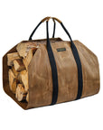 Tan waxed canvas firewood log carrier with webbing handles