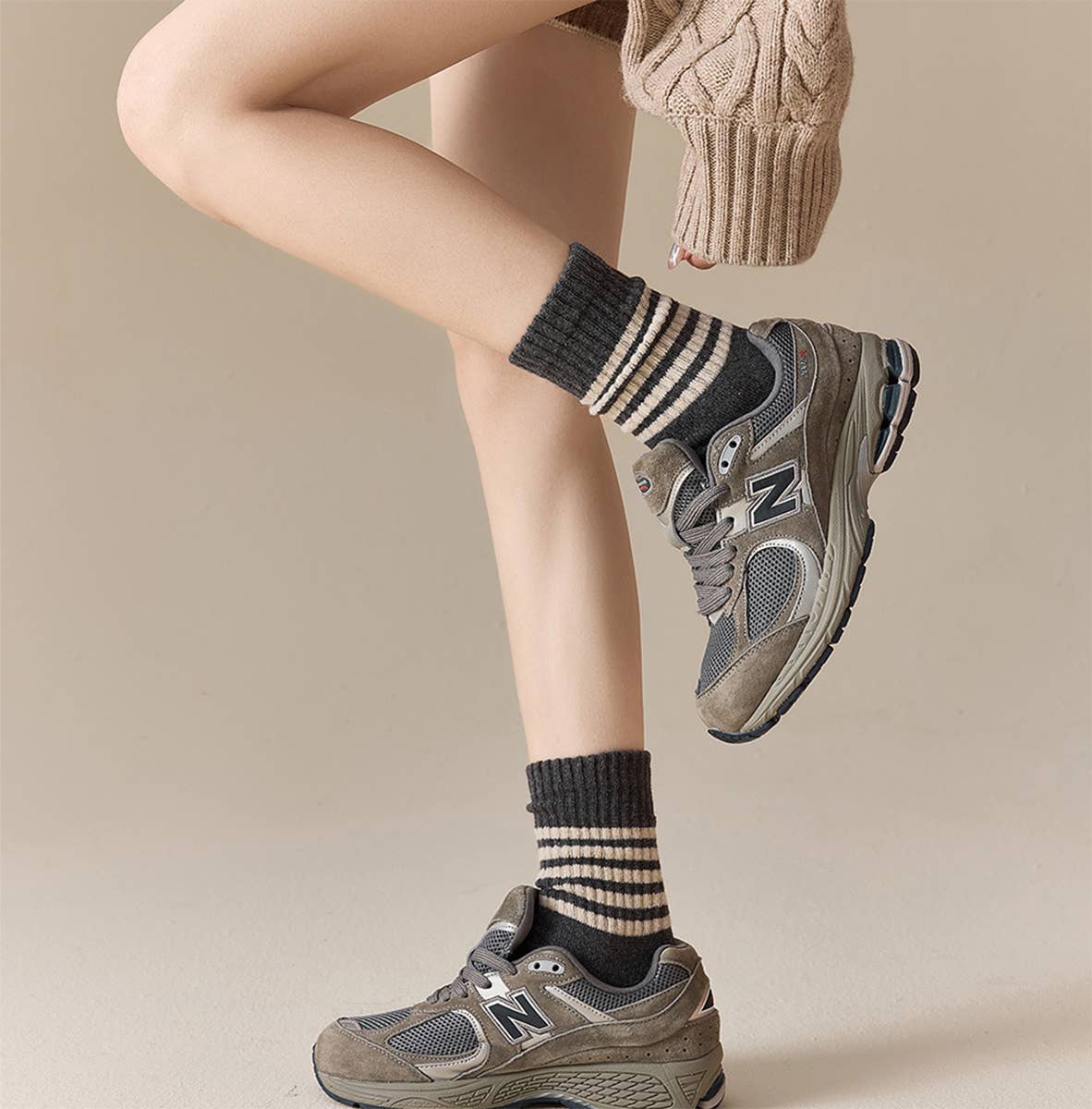 Japanese Style Striped Crew Socks | Beige