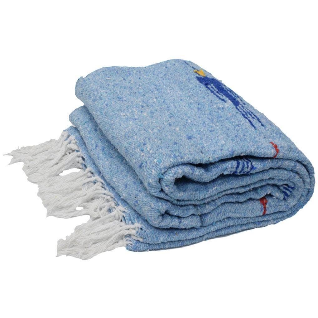 Light blue thunderbird blanket folded with white fringe, on a white background