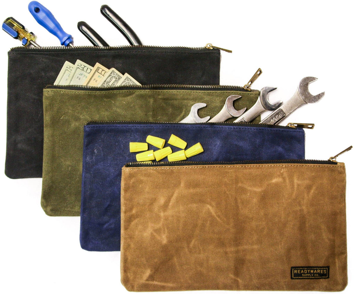 Waxed canvas zipper tool bags in tan, olive, navy and black