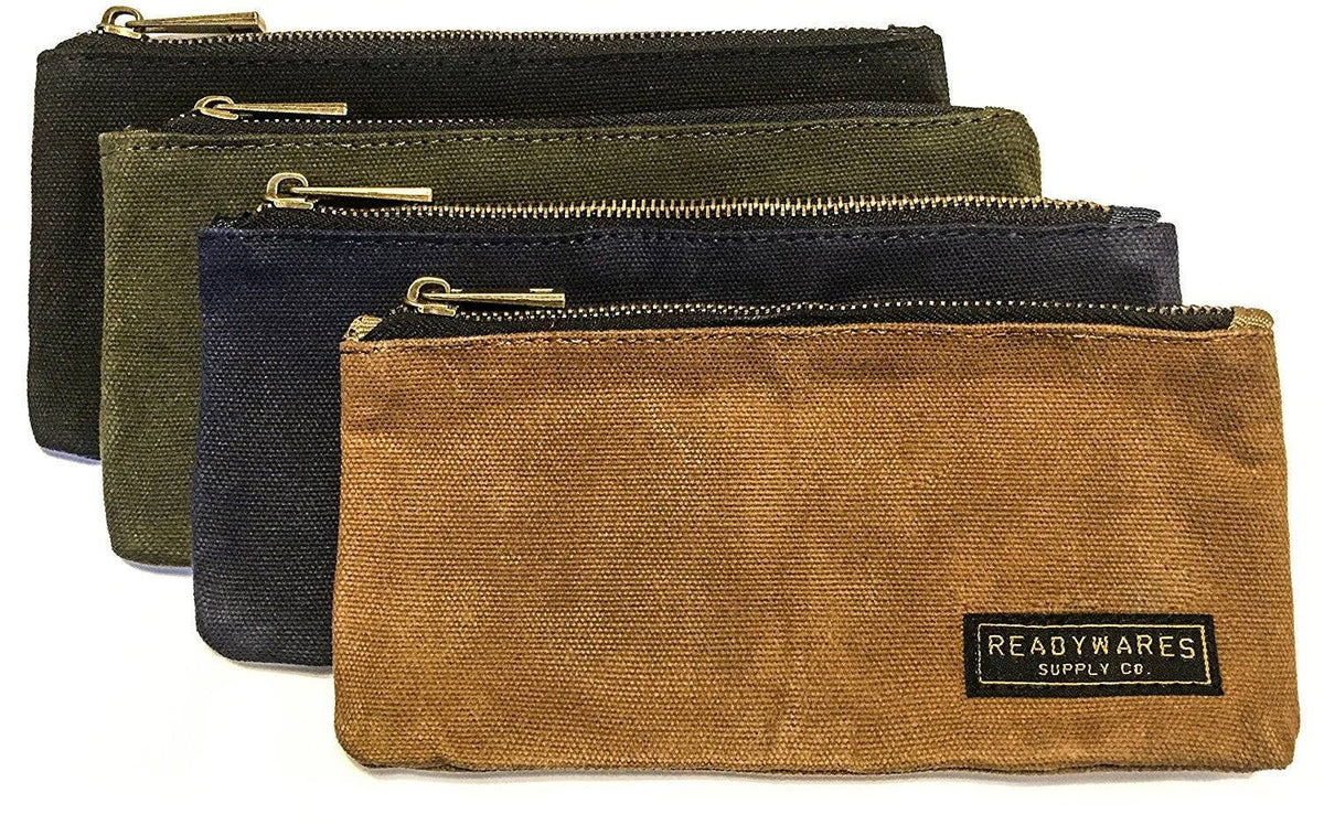 Waxed canvas zip pouches in tan, olive, navy and black