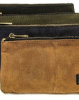 Waxed canvas zip pouches in tan, olive, navy and black
