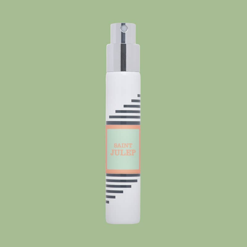 White Imaginary Authors travel spray with a mint green Saint Julep label on a sage green background