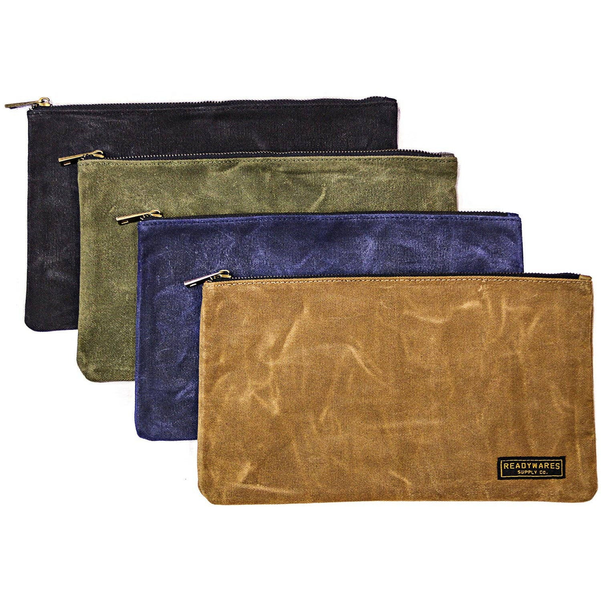 Waxed canvas zipper tool bags in tan, olive, navy and black