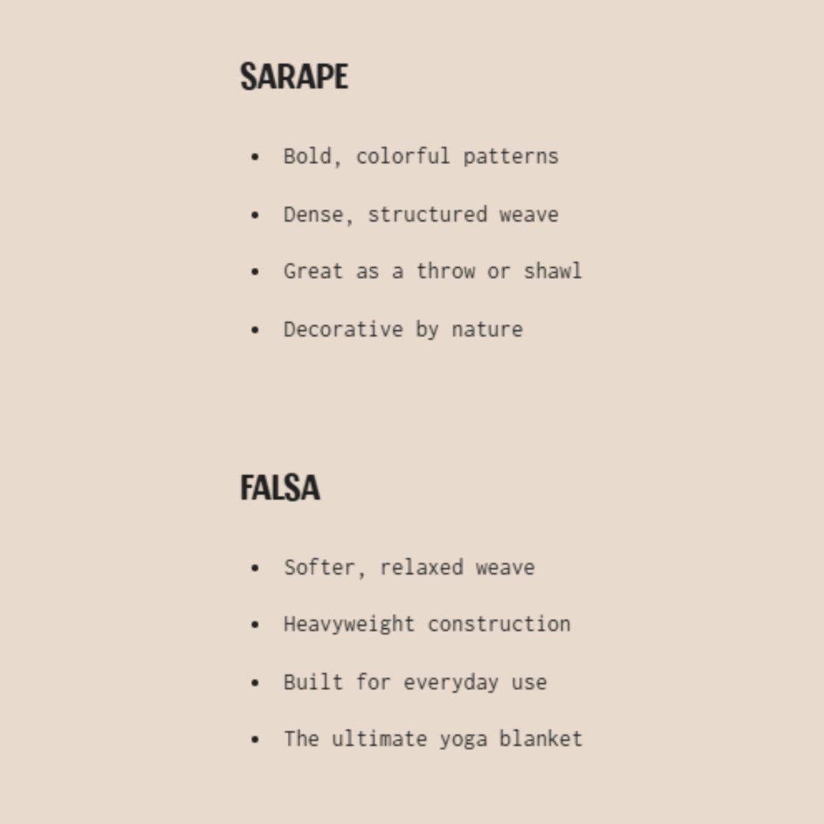Compadre text graphic comparing Sarape and Falsa blanket styles