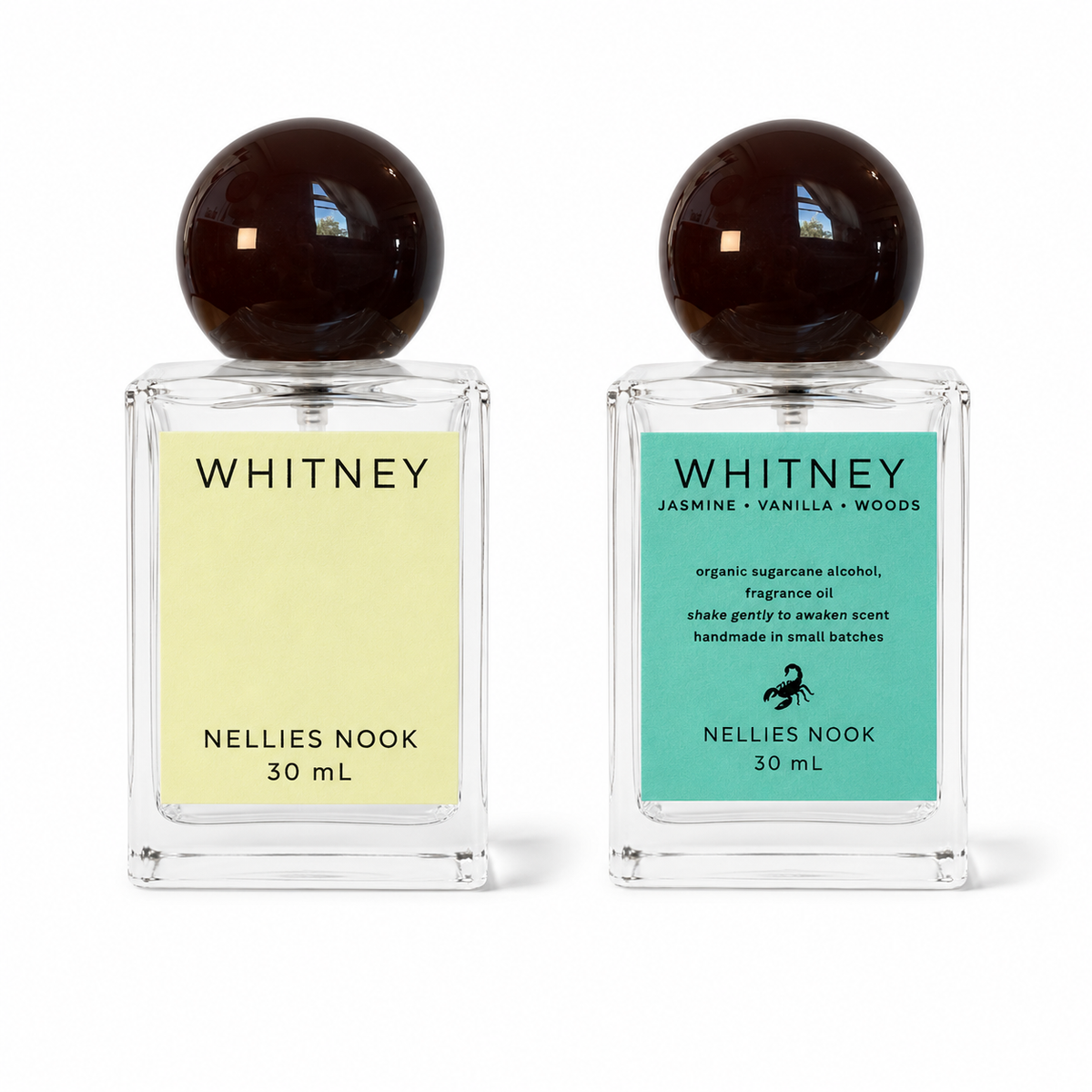 Front and back of the Whitney perfume bottle, pale yellow front label and teal back label listing jasmine, vanilla and woods