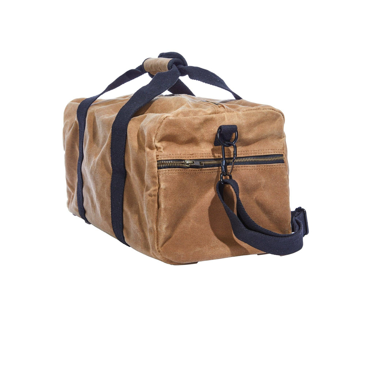 Waxed canvas duffel bag with webbing straps, padded handle and brass zipper