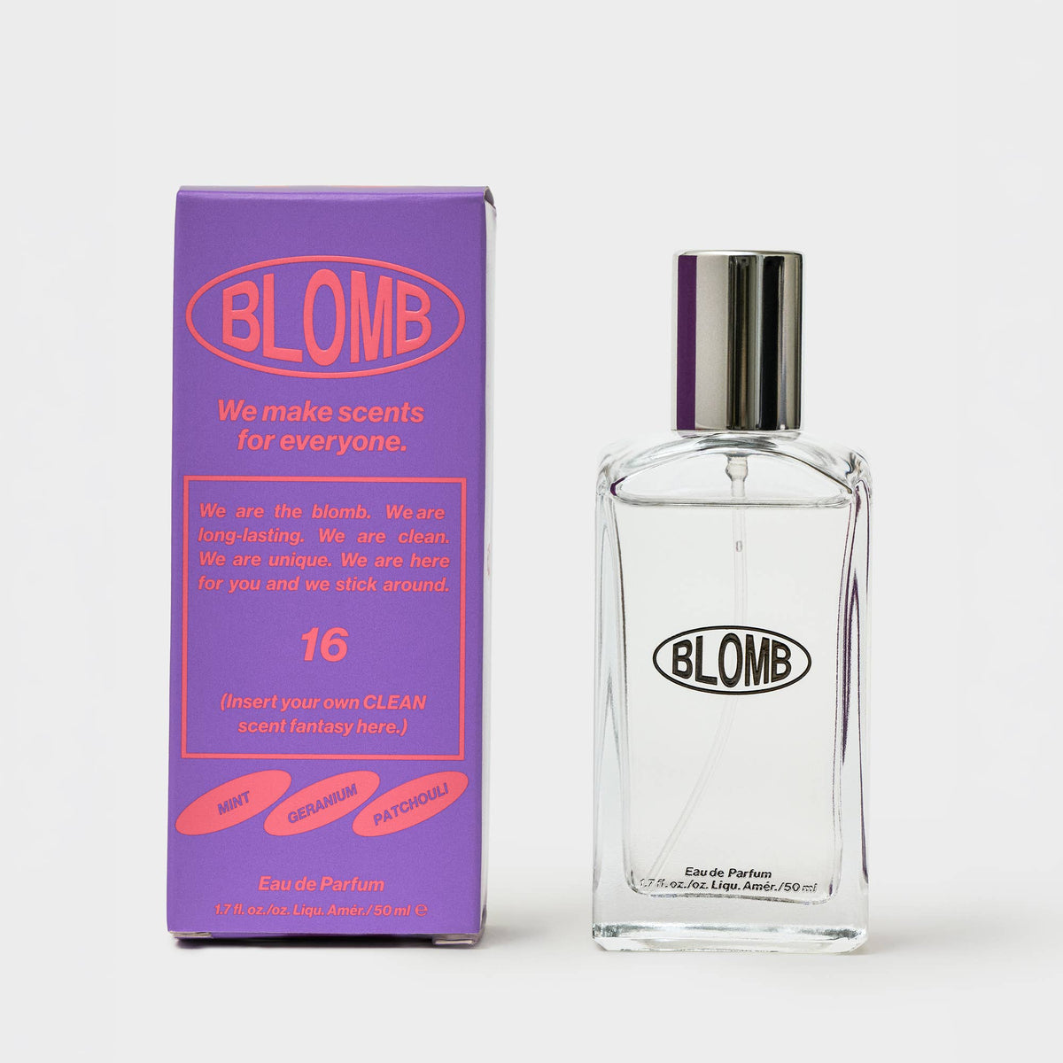 Purple Blomb No. 16 box beside a clear glass Blomb perfume bottle with a silver cap on a gray background