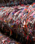 Close-up of shredded multicolored recycled fibers used to weave Compadre blankets