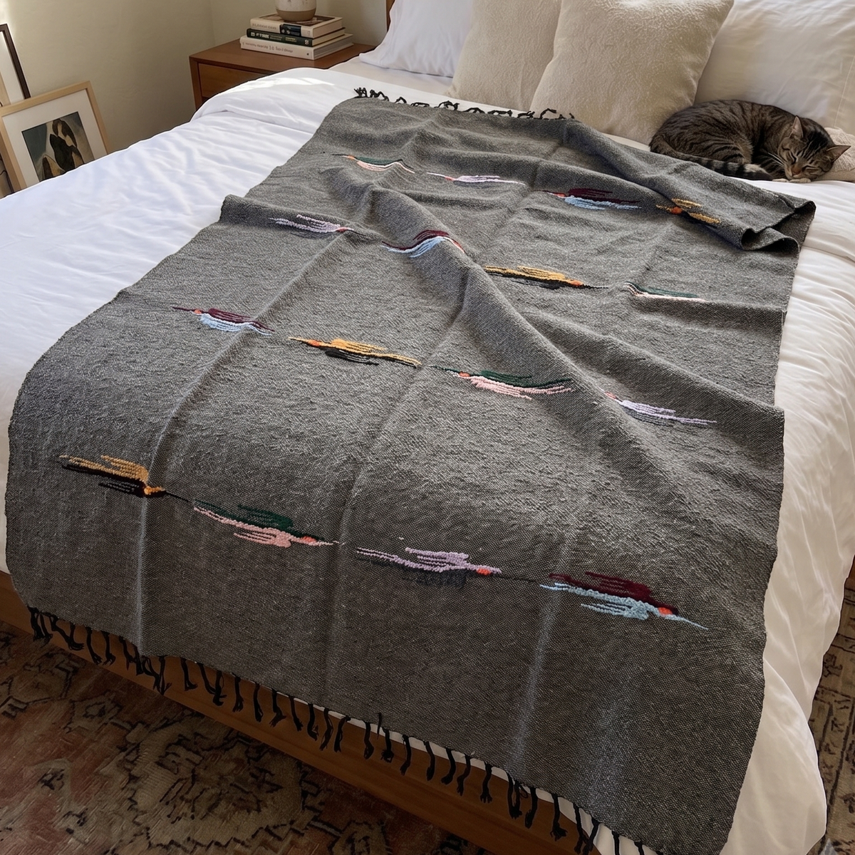 Charcoal wool thunderbird blanket spread on a bed with a cat sleeping on the pillow