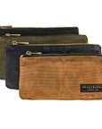 Waxed canvas zip pouches in tan, olive, navy and black