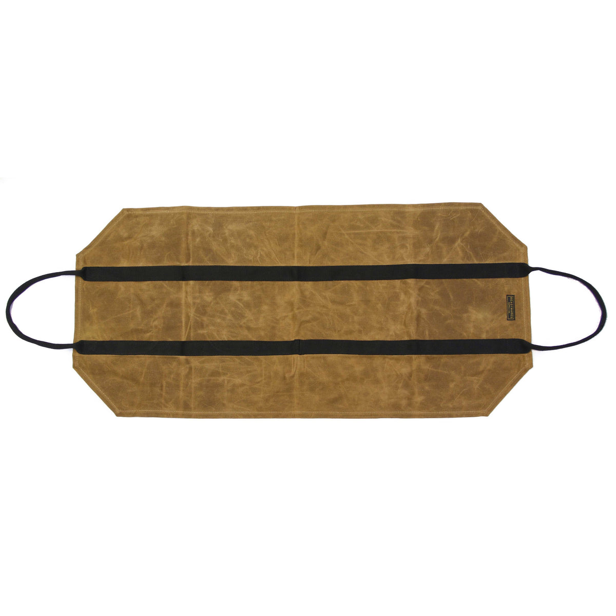Tan waxed canvas firewood log carrier with webbing handles