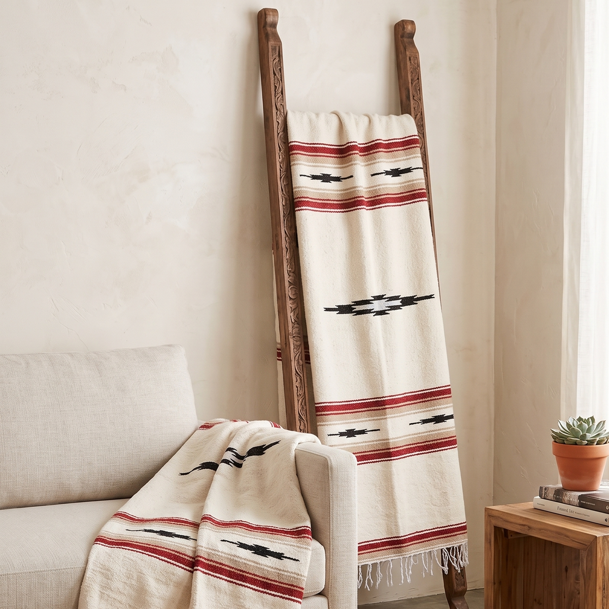 Cream Desert Mesa blanket draped over a wooden ladder beside a white chair