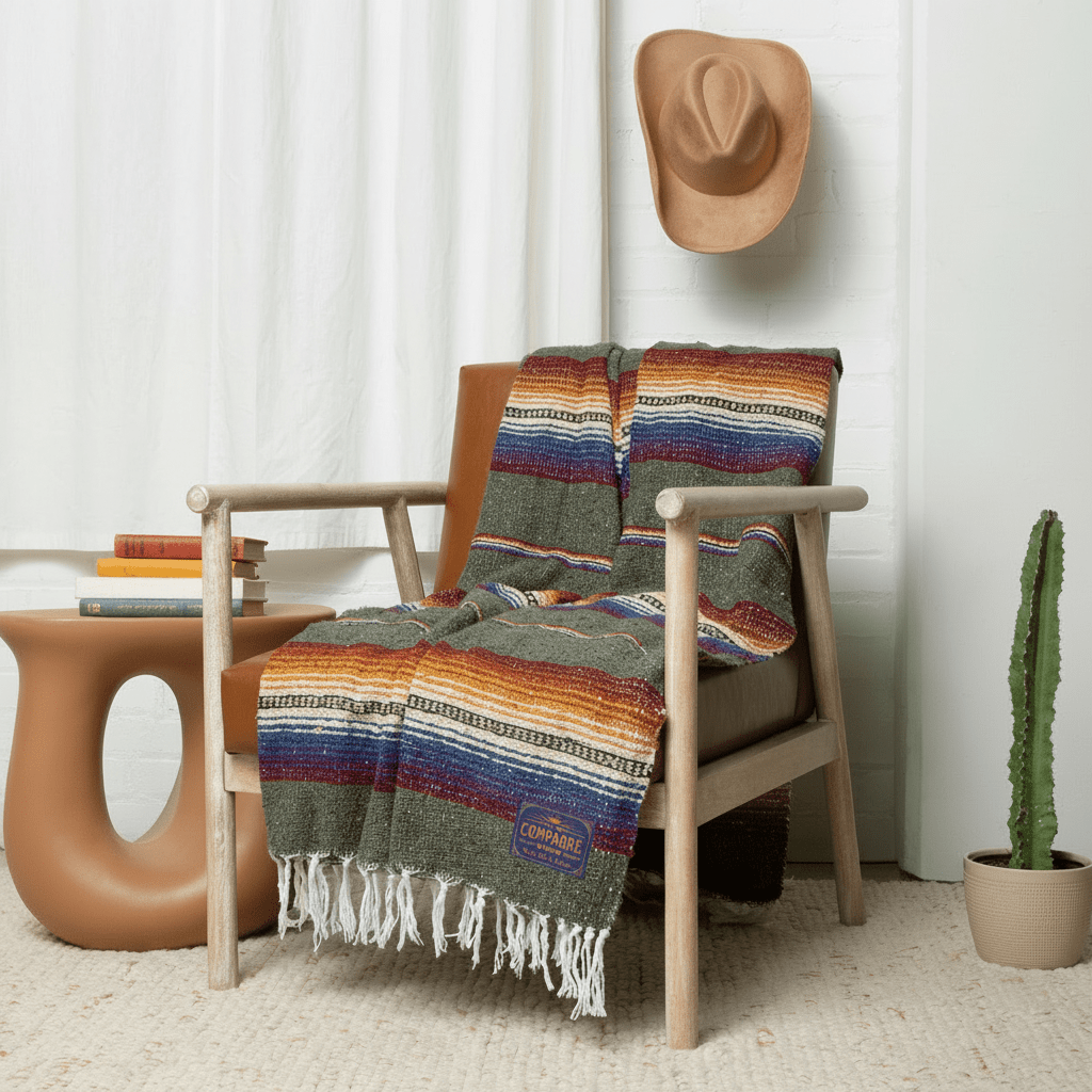Olive green striped sarape draped over a wooden armchair with a straw cowboy hat on the wall