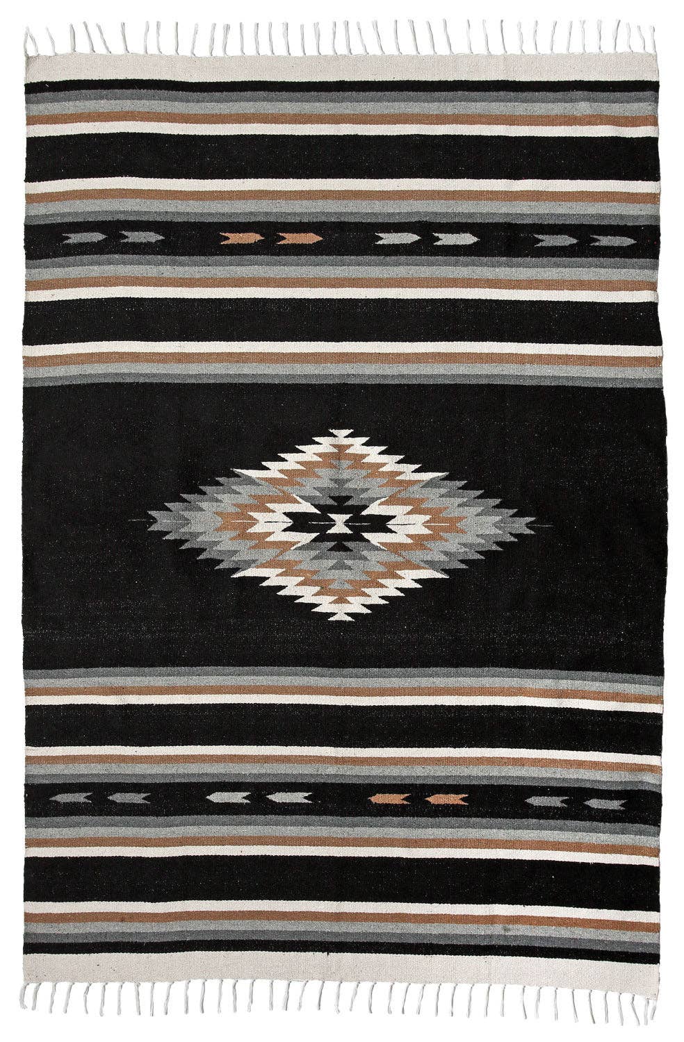 Black handwoven La Paz blanket with gray, white and rust stripes and a diamond medallion in the center, laid flat