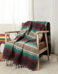 Maroon, teal and tan striped falsa blanket draped over a wooden armchair