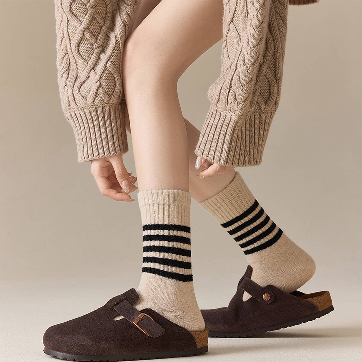 Japanese Style Striped Crew Socks | Beige