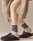 Japanese Style Striped Crew Socks | Beige