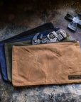 Waxed canvas zipper tool bags in tan, olive, navy and black