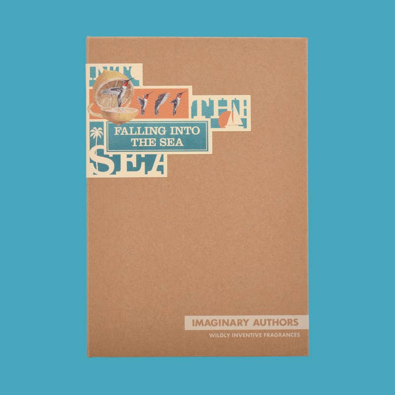 Kraft paper Imaginary Authors box with a collage Falling into the Sea label, on a blue background