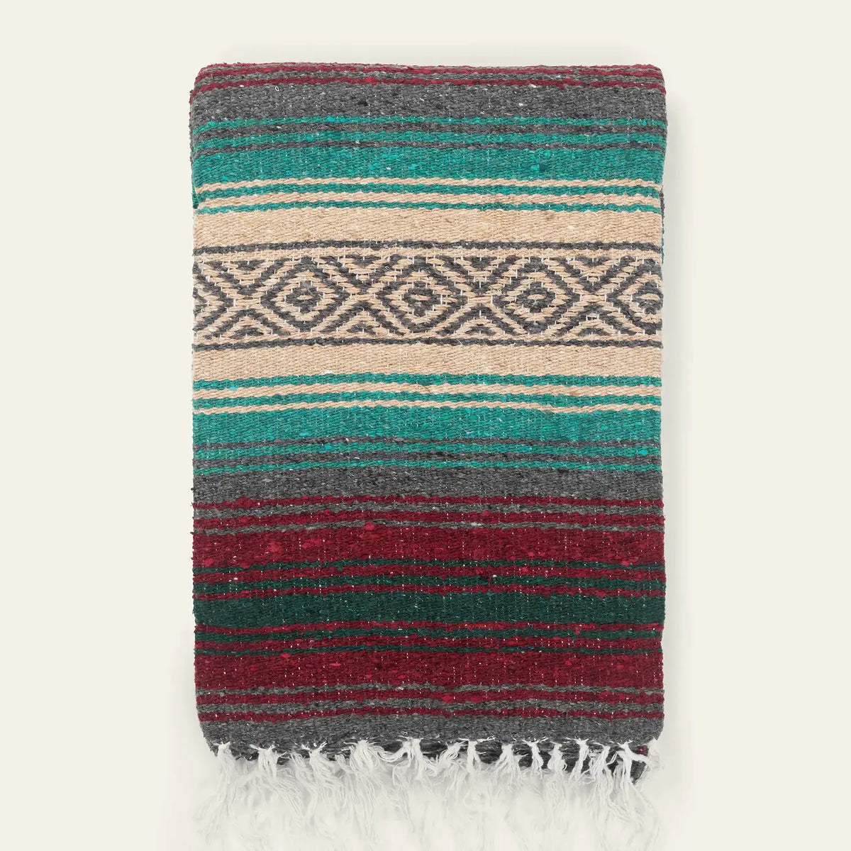 Falsa blanket in teal, tan and maroon stripes with a gray diamond band