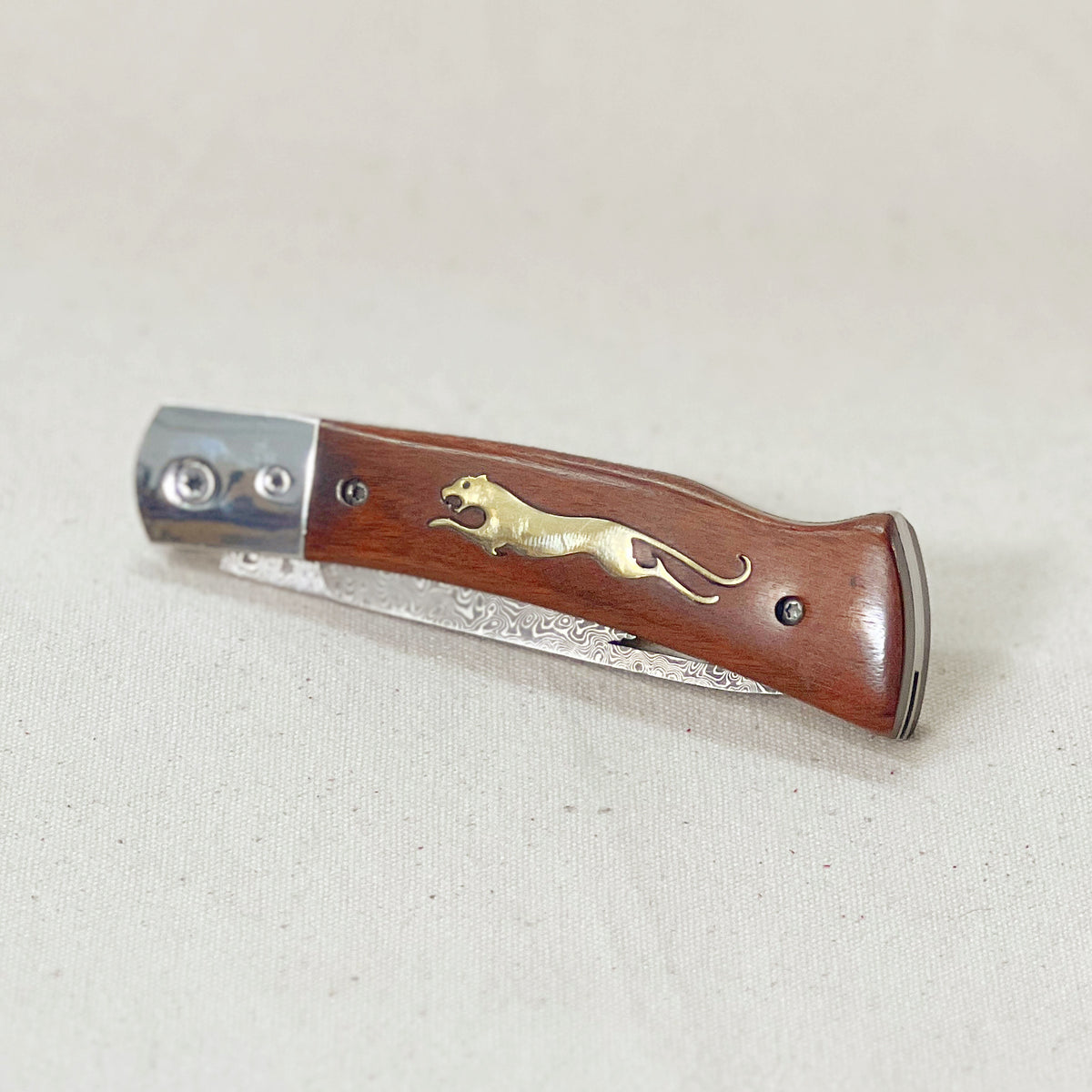 Wooden Cheetah Pocket Knife | Damascus Steel Blade
