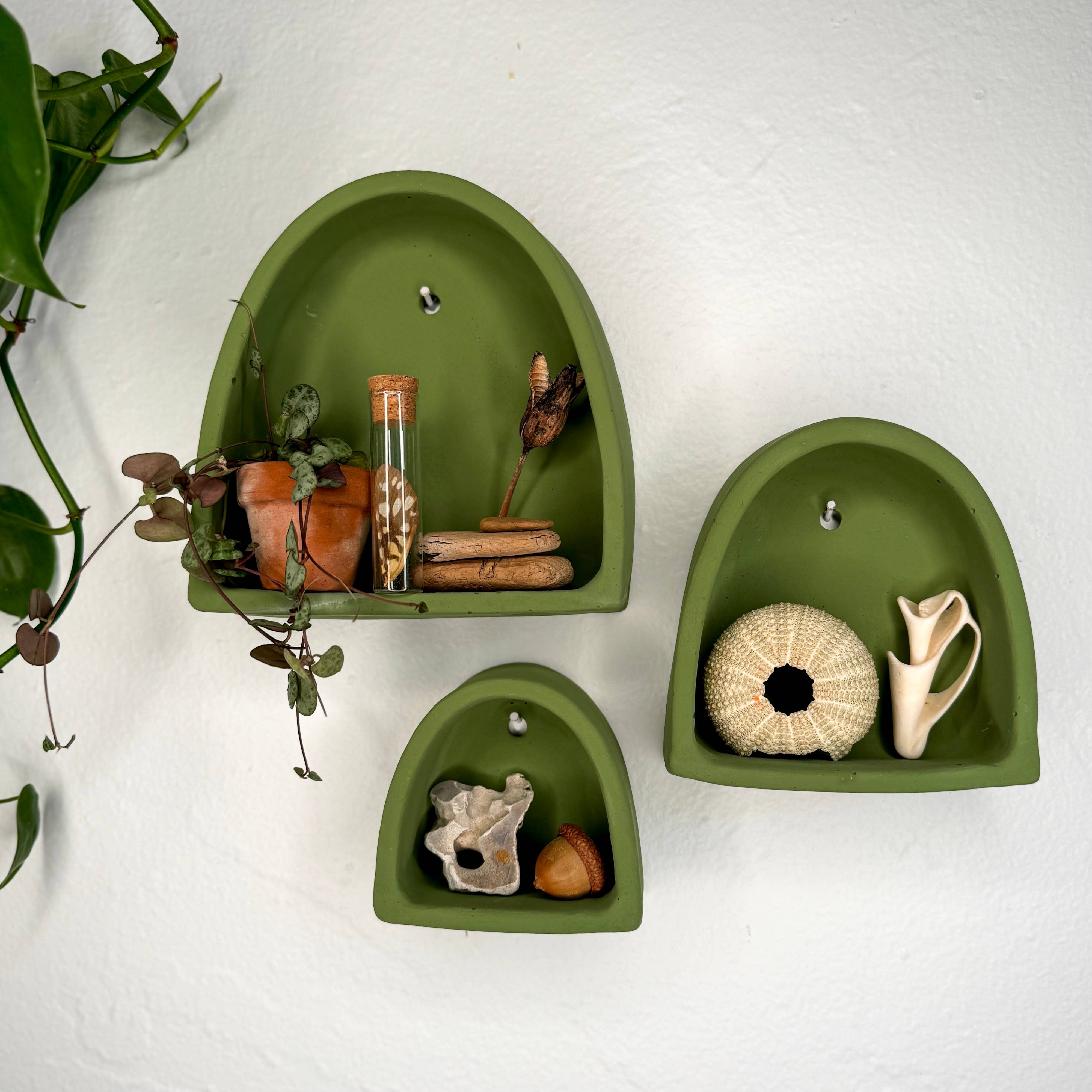 Handmade gypsum cement arch shelf set by The Minimalist Ceramist. Perfect for displaying crystals, rocks, air plants, and your favorite tiny treasures.