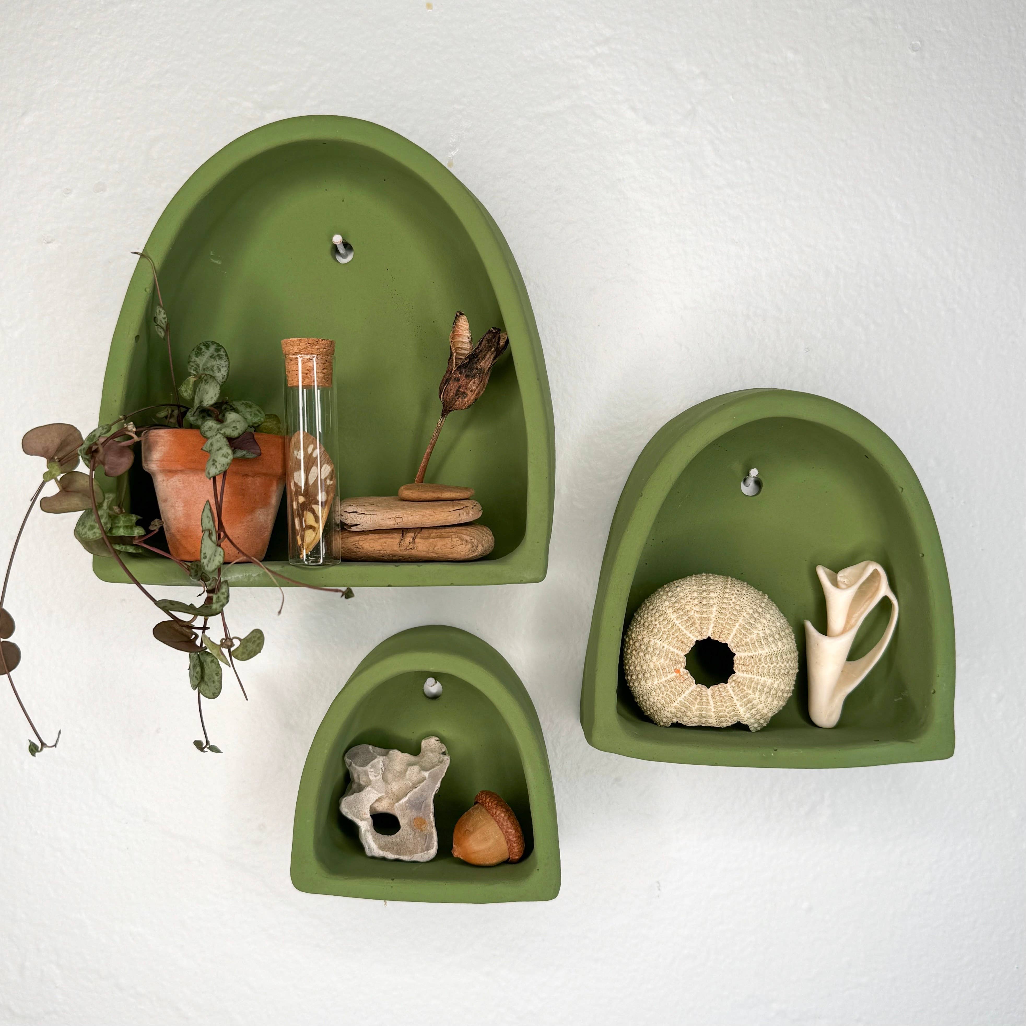 Handmade gypsum cement arch shelf set by The Minimalist Ceramist. Perfect for displaying crystals, rocks, air plants, and your favorite tiny treasures.