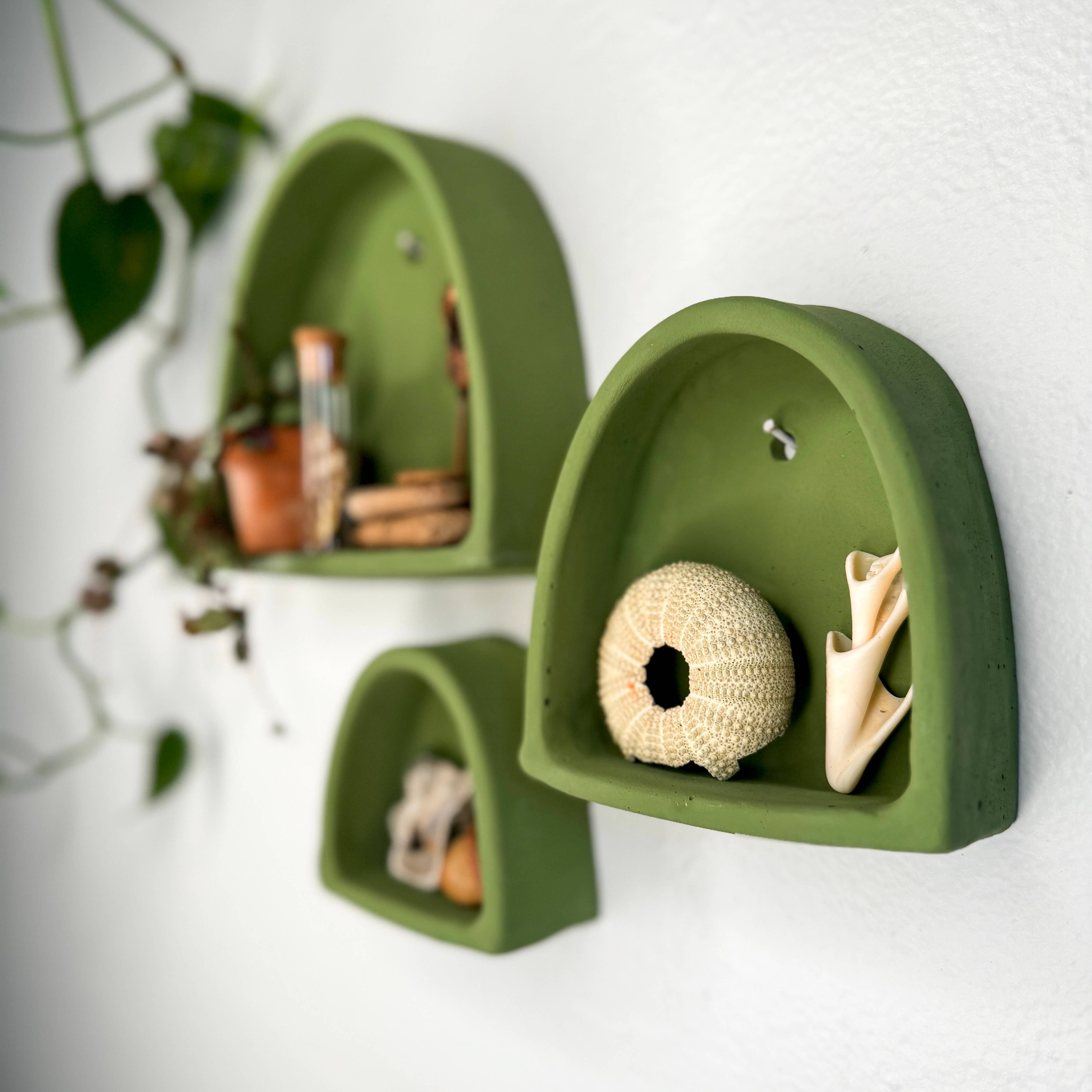 Handmade gypsum cement arch shelf set by The Minimalist Ceramist. Perfect for displaying crystals, rocks, air plants, and your favorite tiny treasures.