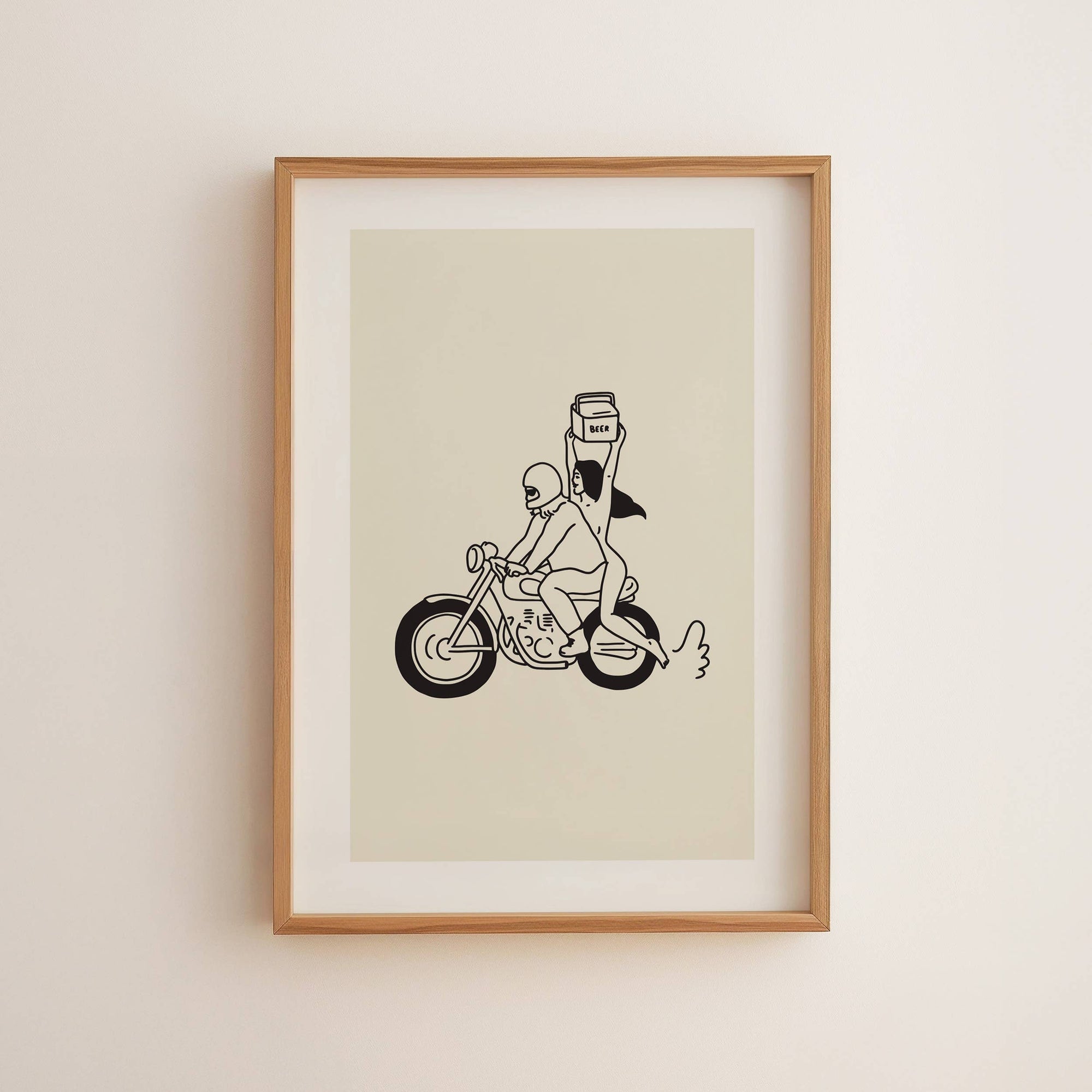 Celebrate adventure, freedom, and a love of the open road with this unframed art print. Featuring a motorcycle, a six-pack, and a sketchy, hand-drawn style, this minimal retro piece brings effortless cool and whimsy to any space. Perfect as motorcycle-themed decor or vintage-inspired wall art, it adds a fun, free-spirited touch to your home.