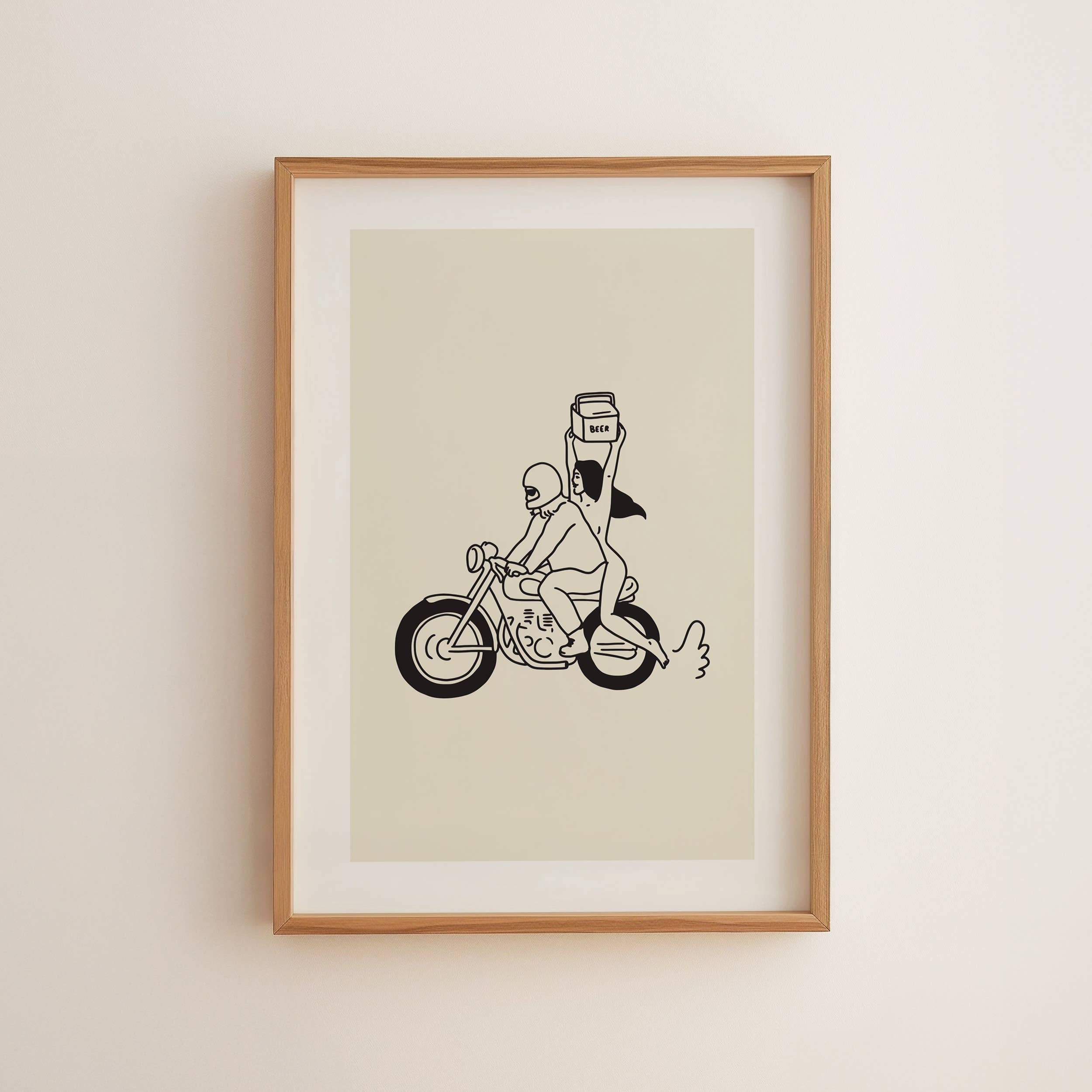 Celebrate adventure, freedom, and a love of the open road with this unframed art print. Featuring a motorcycle, a six-pack, and a sketchy, hand-drawn style, this minimal retro piece brings effortless cool and whimsy to any space. Perfect as motorcycle-themed decor or vintage-inspired wall art, it adds a fun, free-spirited touch to your home.