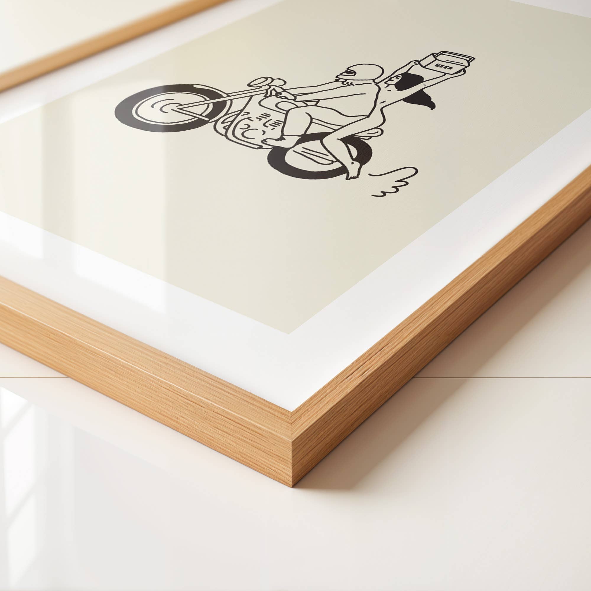 Celebrate adventure, freedom, and a love of the open road with this unframed art print. Featuring a motorcycle, a six-pack, and a sketchy, hand-drawn style, this minimal retro piece brings effortless cool and whimsy to any space. Perfect as motorcycle-themed decor or vintage-inspired wall art, it adds a fun, free-spirited touch to your home.