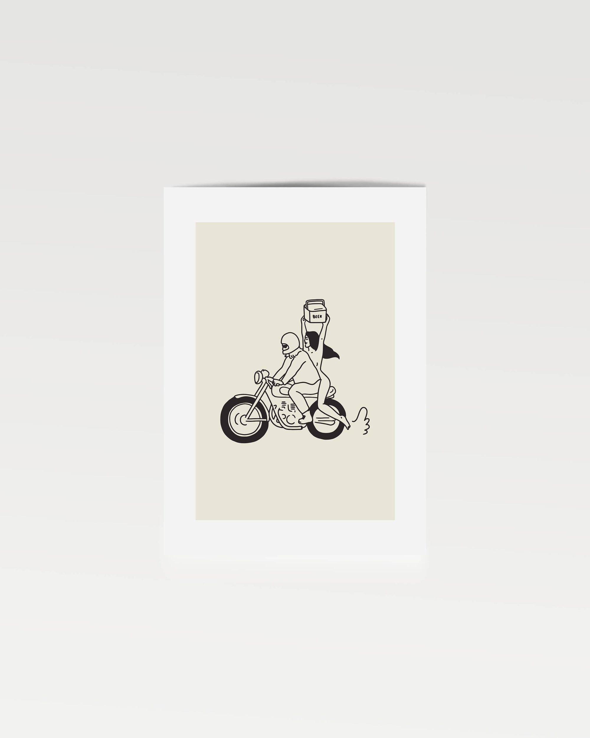Celebrate adventure, freedom, and a love of the open road with this unframed art print. Featuring a motorcycle, a six-pack, and a sketchy, hand-drawn style, this minimal retro piece brings effortless cool and whimsy to any space. Perfect as motorcycle-themed decor or vintage-inspired wall art, it adds a fun, free-spirited touch to your home.