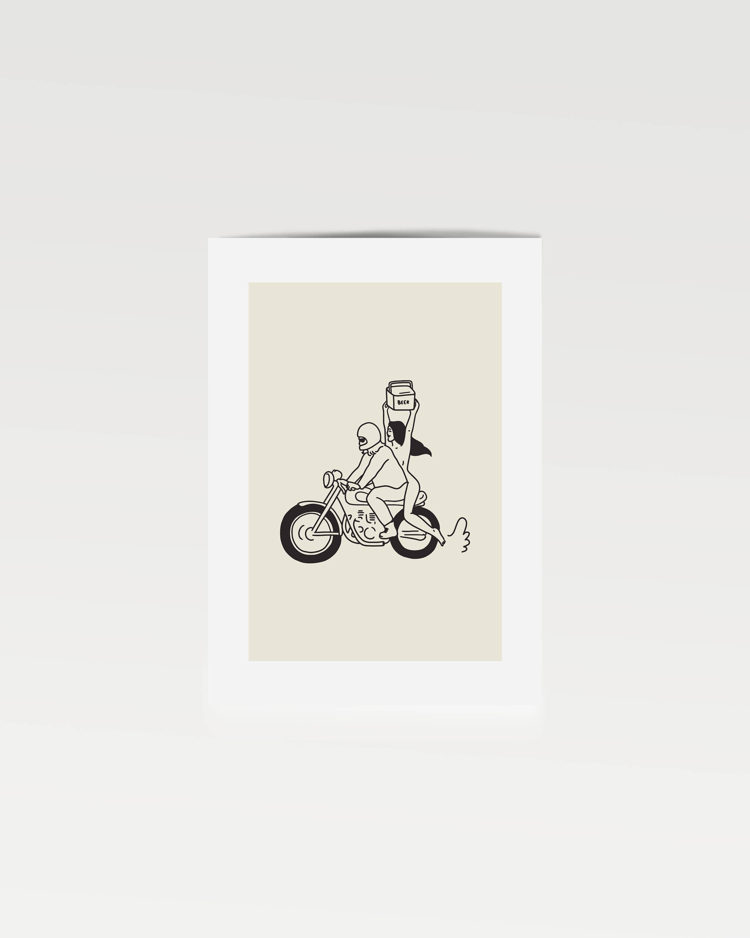 Celebrate adventure, freedom, and a love of the open road with this unframed art print. Featuring a motorcycle, a six-pack, and a sketchy, hand-drawn style, this minimal retro piece brings effortless cool and whimsy to any space. Perfect as motorcycle-themed decor or vintage-inspired wall art, it adds a fun, free-spirited touch to your home.