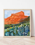 Catch a West Texas sunset without leaving your living room. This vibrant 12 x 12 inch art print by Austin artist&nbsp;El Baker captures the glowing red cliffs and wild desert blooms of Big Bend National Park. The bold brushstrokes and warm hues bring the landscape to life, evoking the magic of golden hour in one of Texas’s most iconic parks.

This high-quality fine art giclée print highlights the rich color and texture of the original painting. Created on thick, durable matte paper, each museum-quality art 