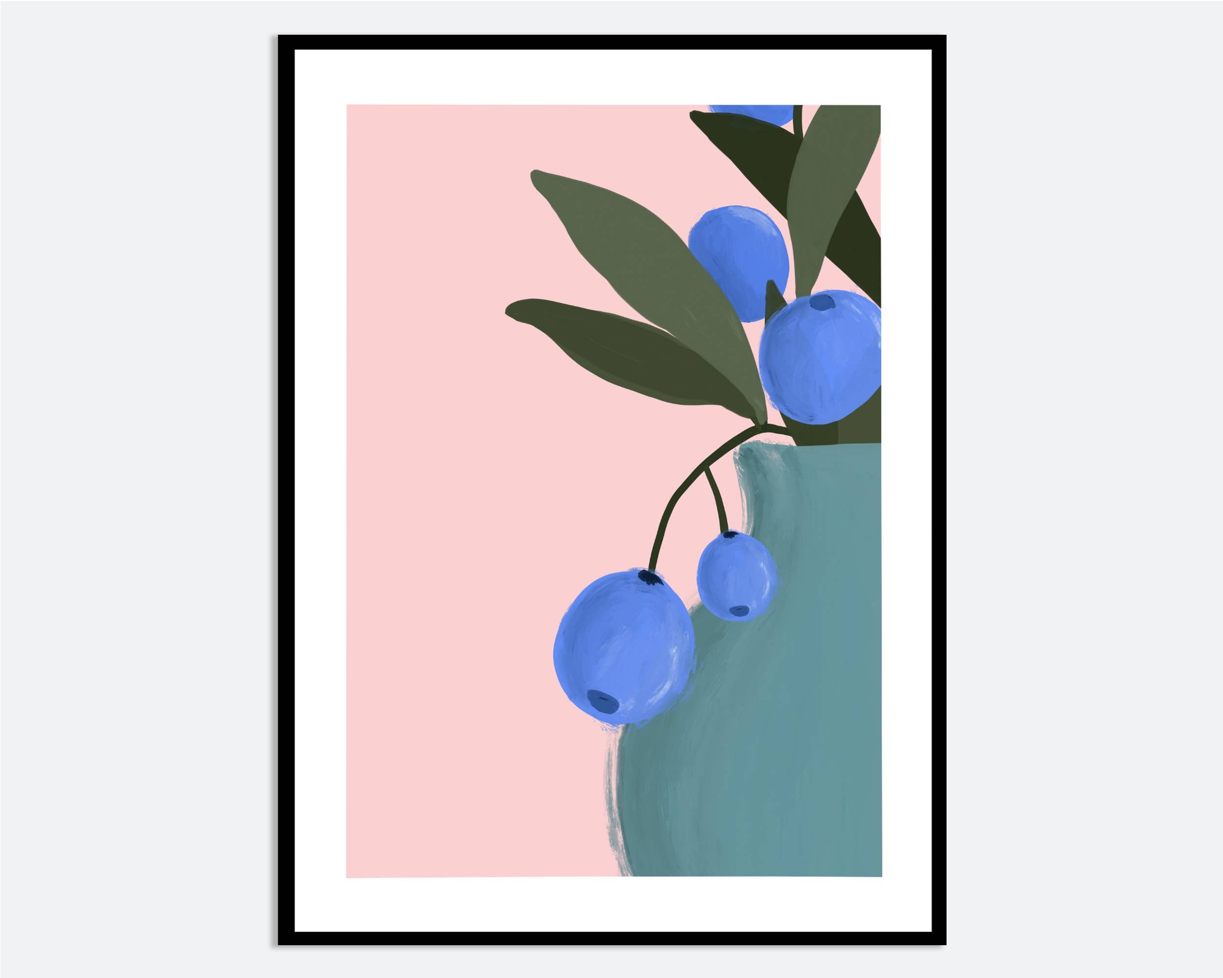 Bring color to your walls with this vibrant blueberry bouquet print! A bold pink background and modern style add cheerful energy to any space.