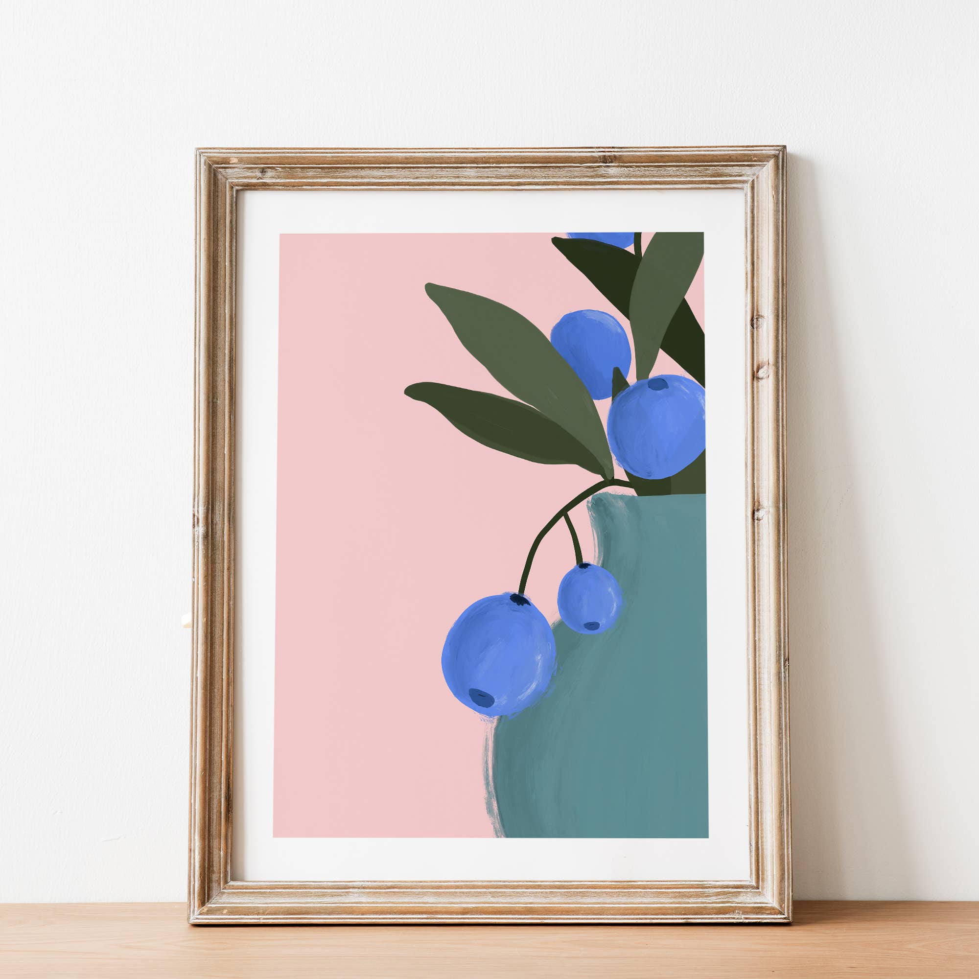 Bring color to your walls with this vibrant blueberry bouquet print! A bold pink background and modern style add cheerful energy to any space.