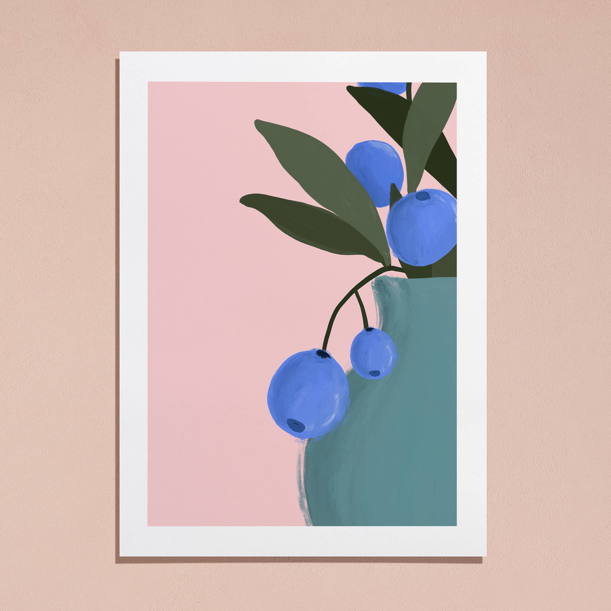 Bring color to your walls with this vibrant blueberry bouquet print! A bold pink background and modern style add cheerful energy to any space.