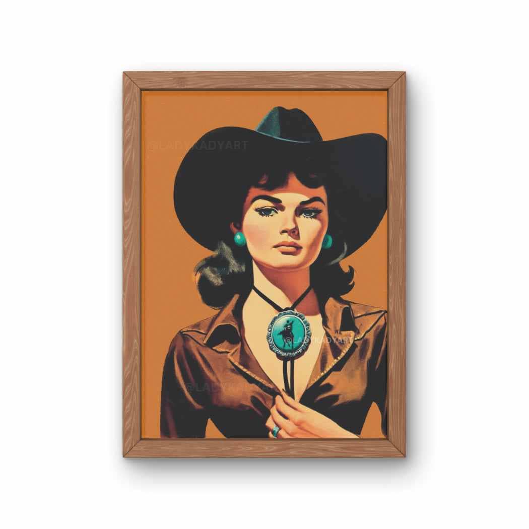 Retro cowgirl art print with a turquoise bolo tie on burnt orange background. 8x10", archival matte paper. Bold western style.