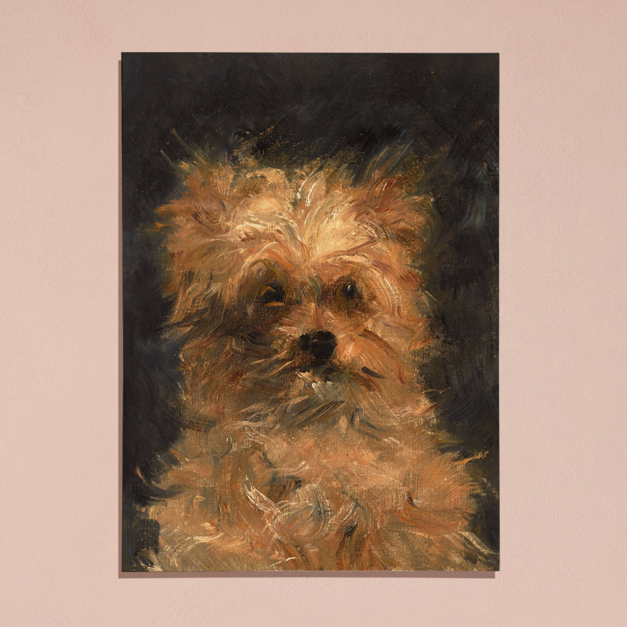 Painting of a dog's face on a dark background
