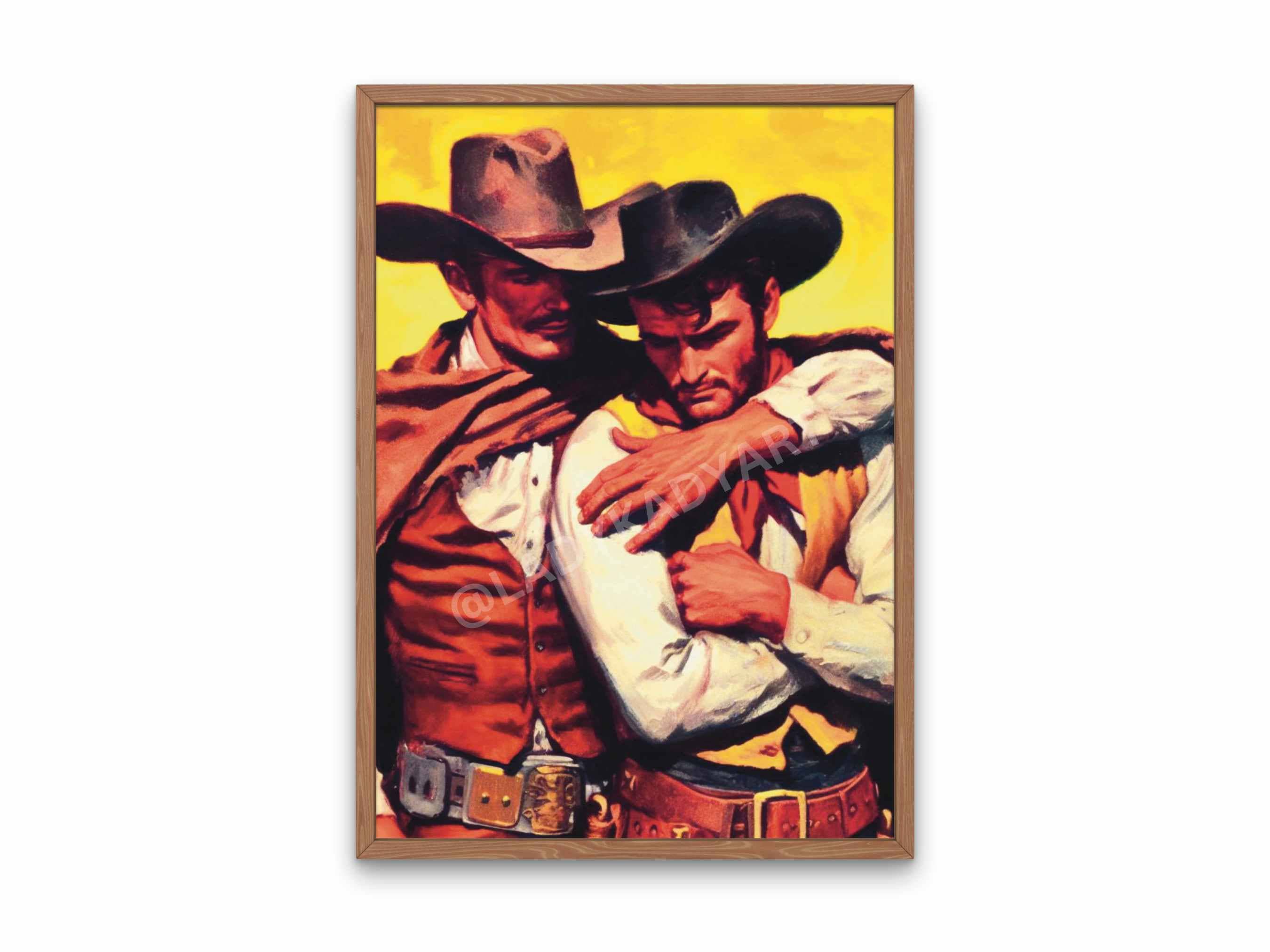 Cowboys in love. This bold 8x10" LGBTQ+ western art print celebrates pride, tenderness, and y’allternative style—perfect for modern or vintage decor.